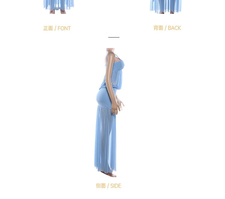 Spaghetti Strap Plain Shirred Maxi A-Line Mesh Dress