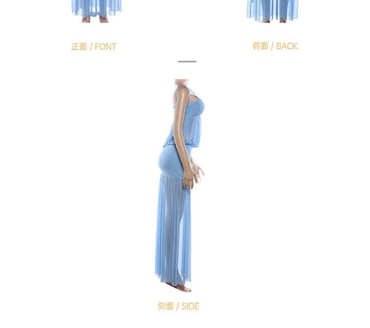 Spaghetti Strap Plain Shirred Maxi A-Line Mesh Dress