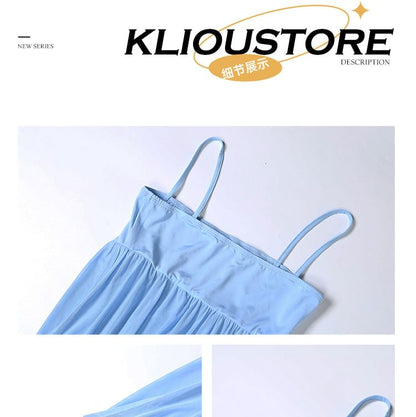 Spaghetti Strap Plain Shirred Maxi A-Line Mesh Dress