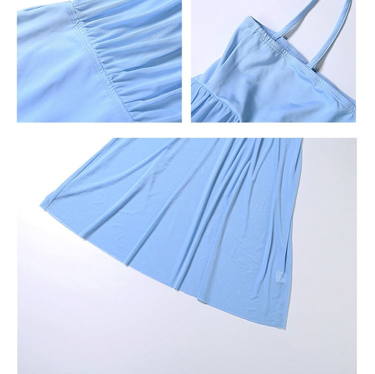 Spaghetti Strap Plain Shirred Maxi A-Line Mesh Dress