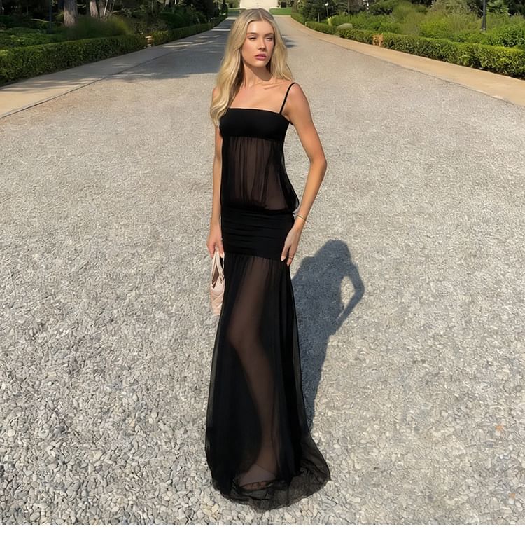 Spaghetti Strap Plain Shirred Maxi A-Line Mesh Dress