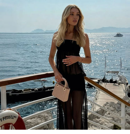 Spaghetti Strap Plain Shirred Maxi A-Line Mesh Dress