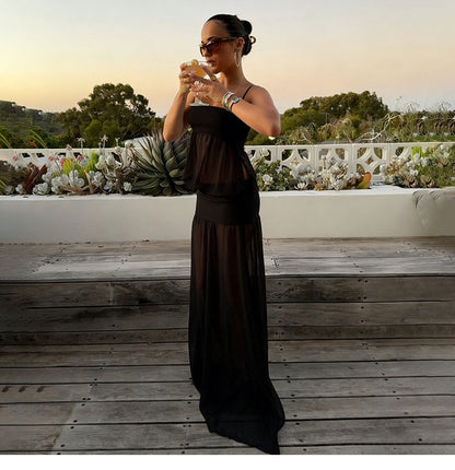 Spaghetti Strap Plain Shirred Maxi A-Line Mesh Dress