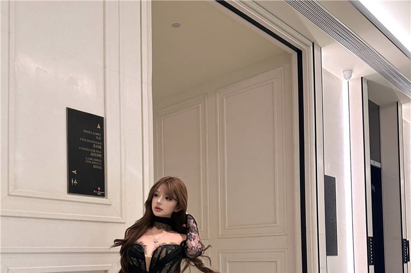 Off-Shoulder Long-Sleeve Lace Evening Gown