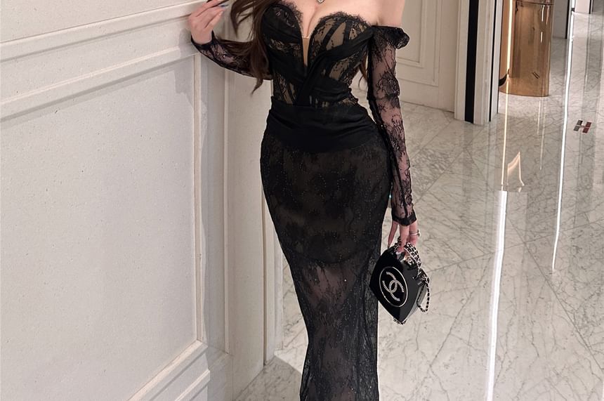 Off-Shoulder Long-Sleeve Lace Evening Gown