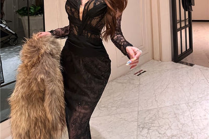 Off-Shoulder Long-Sleeve Lace Evening Gown