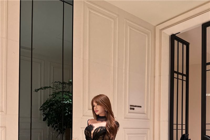 Off-Shoulder Long-Sleeve Lace Evening Gown