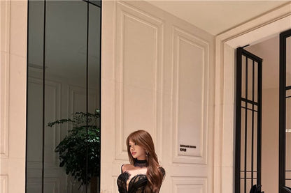 Off-Shoulder Long-Sleeve Lace Evening Gown