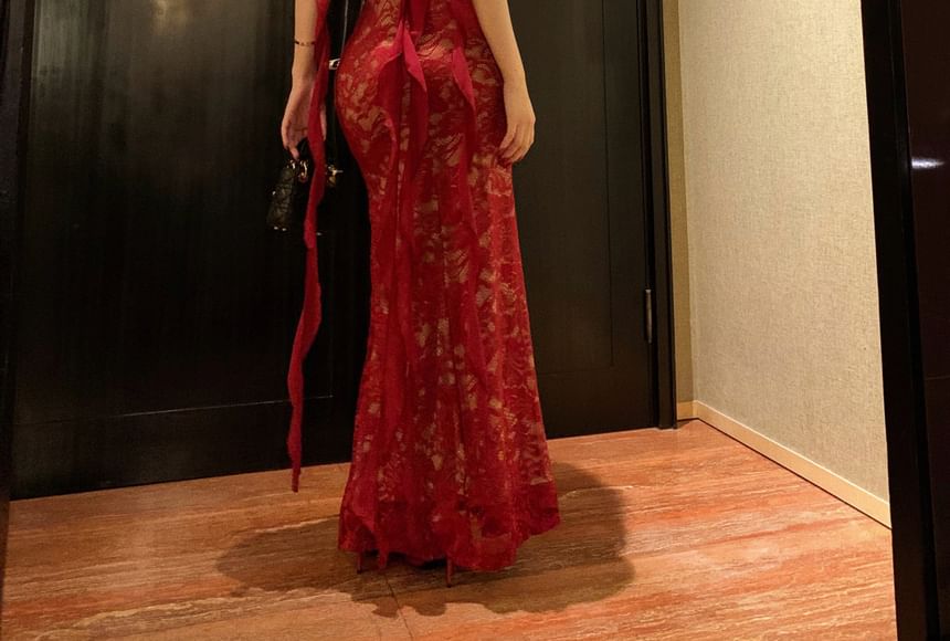 Spaghetti Strap Open Back Lace Bodycon Evening Gown