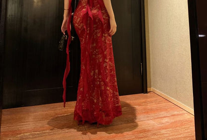 Spaghetti Strap Open Back Lace Bodycon Evening Gown