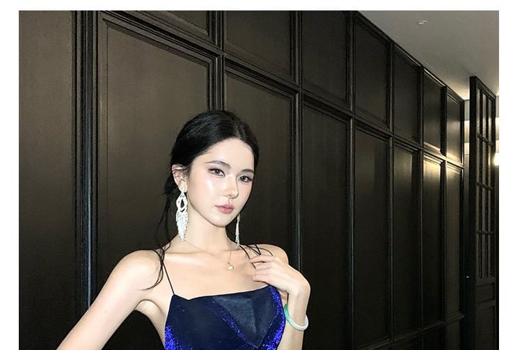 Spaghetti Strap Slit Velvet A-Line Evening Gown