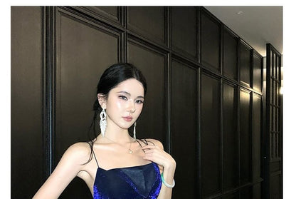 Spaghetti Strap Slit Velvet A-Line Evening Gown