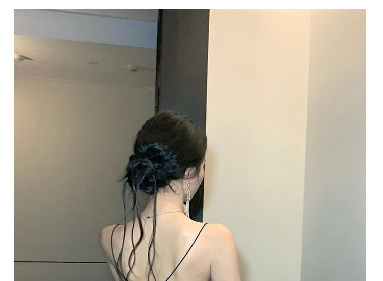 Spaghetti Strap Slit Velvet A-Line Evening Gown