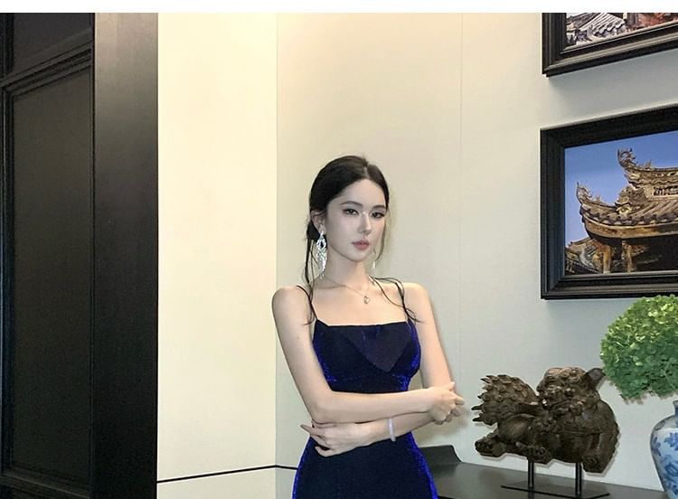 Spaghetti Strap Slit Velvet A-Line Evening Gown