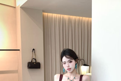 Wide Strap Satin Shirred Asymmetrical Bodycon Cocktail Dress