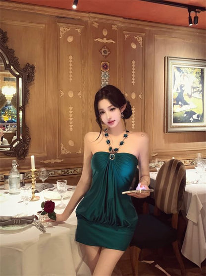 Halter-Neck Rhinestone Shirred Satin Bodycon Cocktail Dress