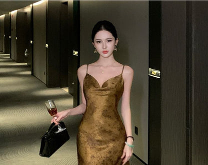 Spaghetti Strap Floral Print Satin A-Line Cocktail Dress