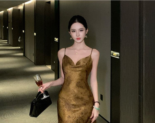 Spaghetti Strap Floral Print Satin A-Line Cocktail Dress