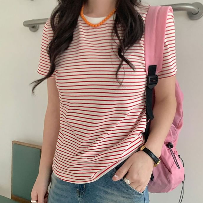 Striped T-Shirt with Short Sleeves and Crew Neck