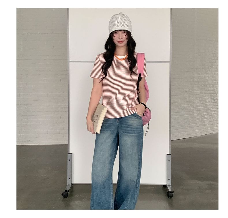 Striped T-Shirt with Short Sleeves and Crew Neck