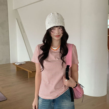 Striped T-Shirt with Short Sleeves and Crew Neck