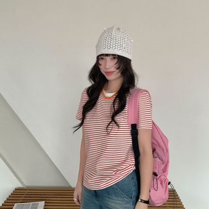 Striped T-Shirt with Short Sleeves and Crew Neck