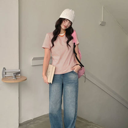 Striped T-Shirt with Short Sleeves and Crew Neck
