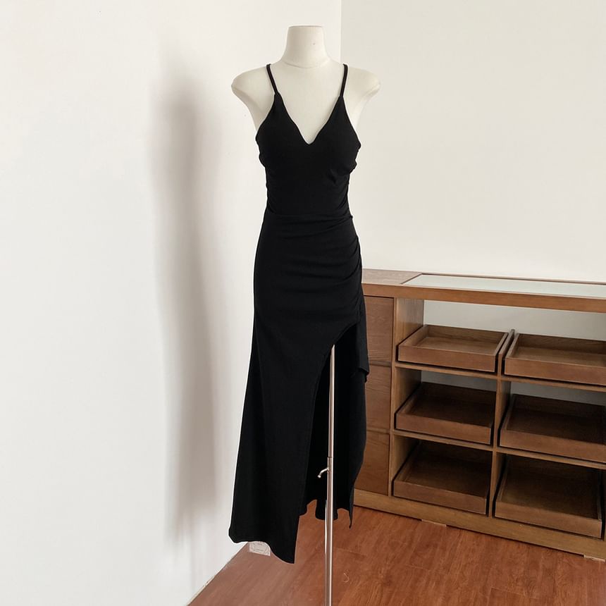 Spaghetti Strap V-Neck Plain Side-Slit Maxi Sheath Dress