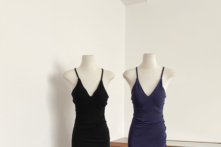 Spaghetti Strap V-Neck Plain Side-Slit Maxi Sheath Dress