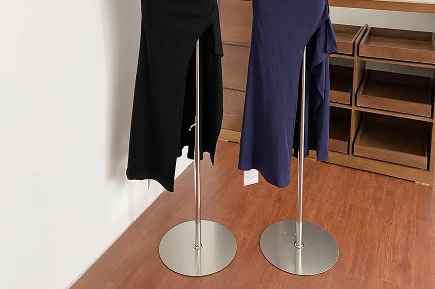 Spaghetti Strap V-Neck Plain Side-Slit Maxi Sheath Dress