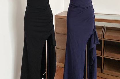 Spaghetti Strap V-Neck Plain Side-Slit Maxi Sheath Dress