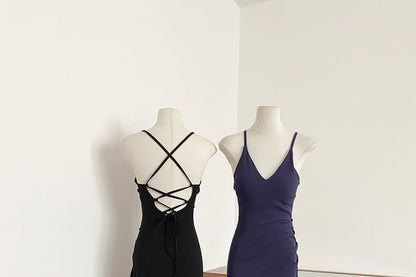 Spaghetti Strap V-Neck Plain Side-Slit Maxi Sheath Dress