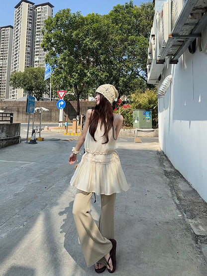Spaghetti Strap Plain Frill Trim Drawstring Waist Mini A-Line Dress / Mid Rise Asymmetrical Skirt Overlay Flared Pants