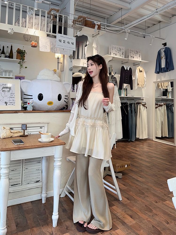 Spaghetti Strap Plain Frill Trim Drawstring Waist Mini A-Line Dress / Mid Rise Asymmetrical Skirt Overlay Flared Pants
