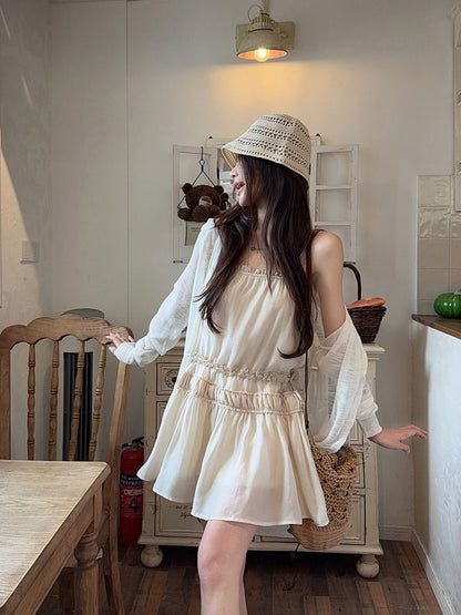 Spaghetti Strap Plain Frill Trim Drawstring Waist Mini A-Line Dress / Mid Rise Asymmetrical Skirt Overlay Flared Pants