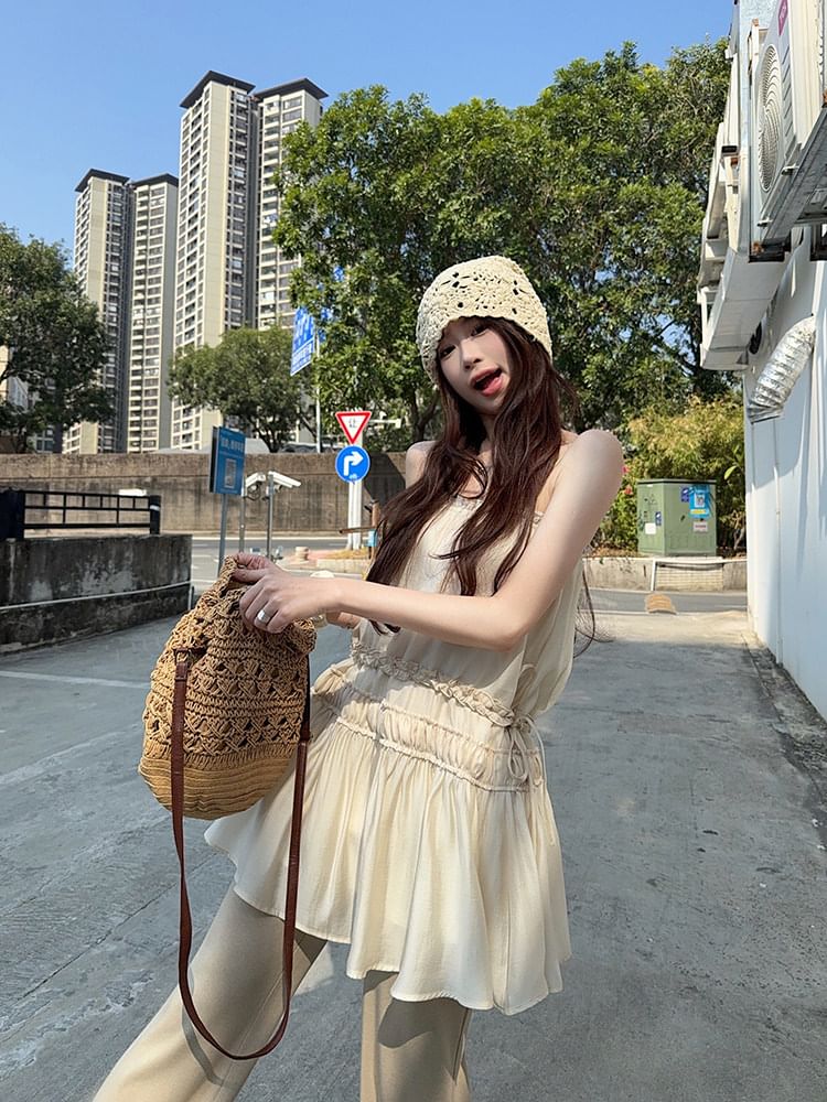 Spaghetti Strap Plain Frill Trim Drawstring Waist Mini A-Line Dress / Mid Rise Asymmetrical Skirt Overlay Flared Pants