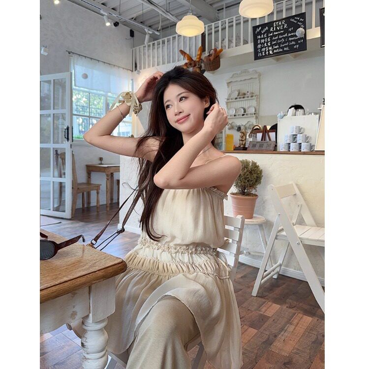 Spaghetti Strap Plain Frill Trim Drawstring Waist Mini A-Line Dress / Mid Rise Asymmetrical Skirt Overlay Flared Pants