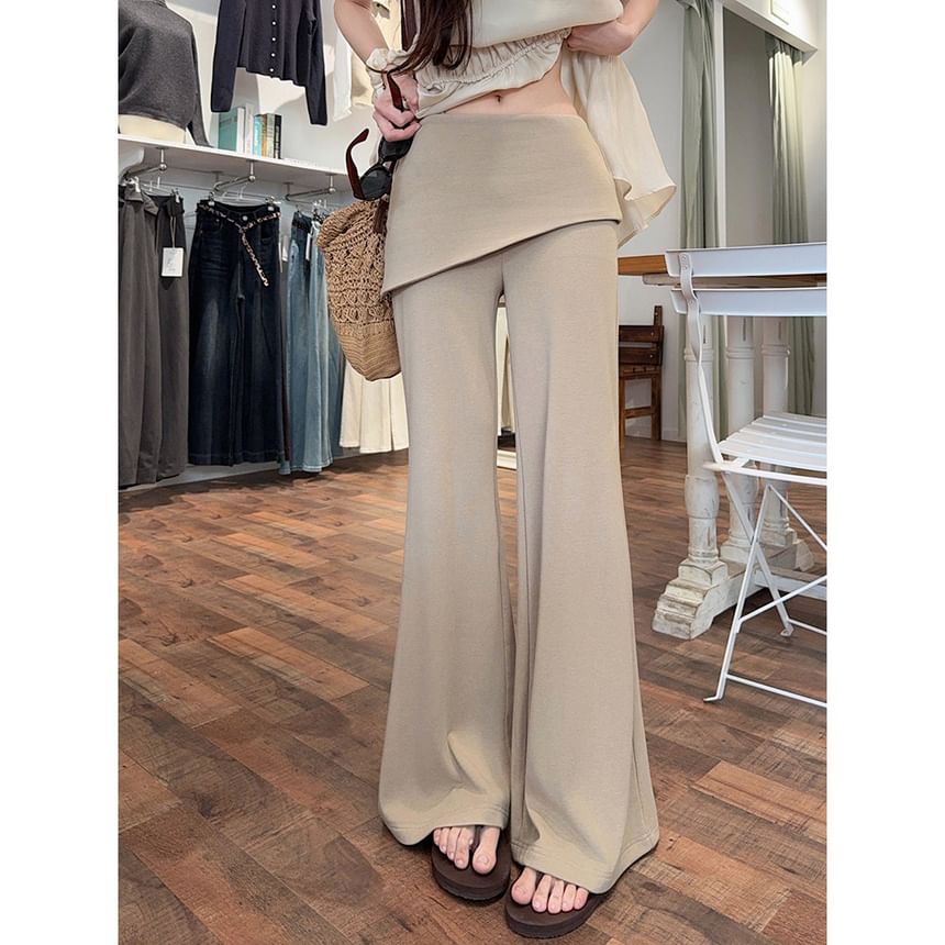 Spaghetti Strap Plain Frill Trim Drawstring Waist Mini A-Line Dress / Mid Rise Asymmetrical Skirt Overlay Flared Pants
