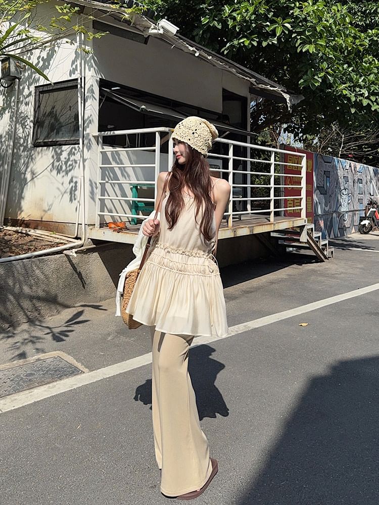 Spaghetti Strap Plain Frill Trim Drawstring Waist Mini A-Line Dress / Mid Rise Asymmetrical Skirt Overlay Flared Pants
