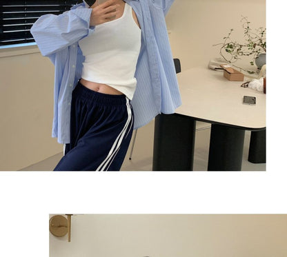 Pinstriped Button-Up Shirt with Long Sleeves and Collar