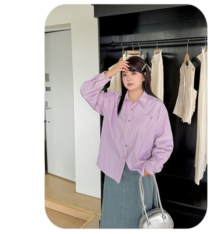 Rhinestone Embellished Striped Long-Sleeve Shirt