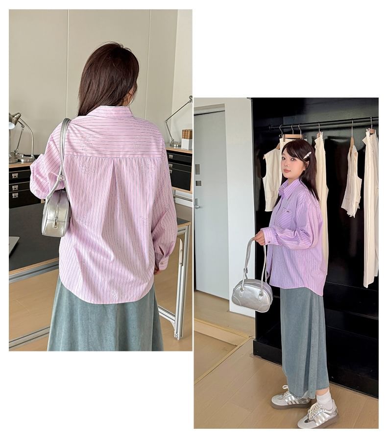 Rhinestone Embellished Striped Long-Sleeve Shirt