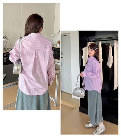 Rhinestone Embellished Striped Long-Sleeve Shirt