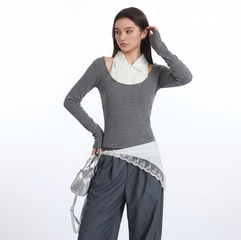 Two-Tone Crop Top with Collar, Cold Shoulder, and Slim Fit