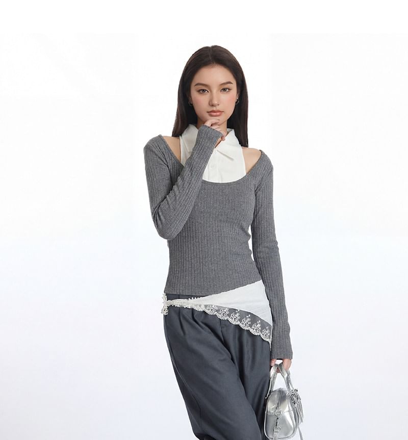 Two-Tone Crop Top with Collar, Cold Shoulder, and Slim Fit