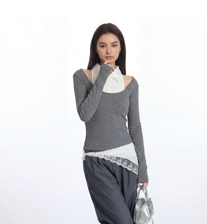 Two-Tone Crop Top with Collar, Cold Shoulder, and Slim Fit
