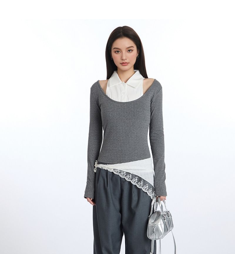 Two-Tone Crop Top with Collar, Cold Shoulder, and Slim Fit