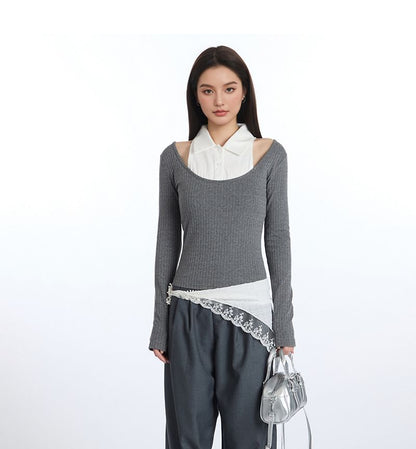 Two-Tone Crop Top with Collar, Cold Shoulder, and Slim Fit