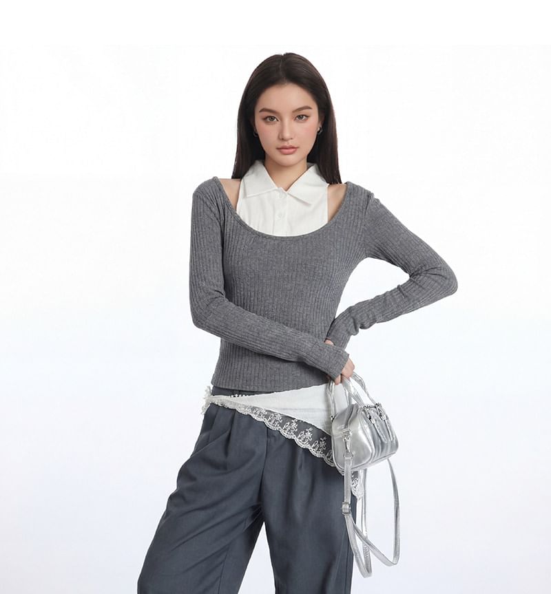 Two-Tone Crop Top with Collar, Cold Shoulder, and Slim Fit