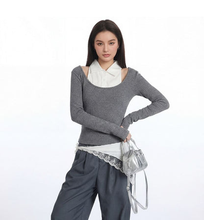 Two-Tone Crop Top with Collar, Cold Shoulder, and Slim Fit